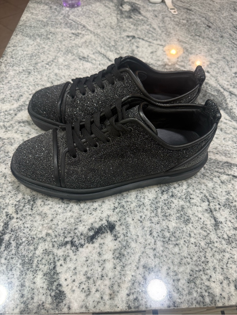 Christian Louboutin Men's Black Glitter Low-Top Sneakers with Sparkle